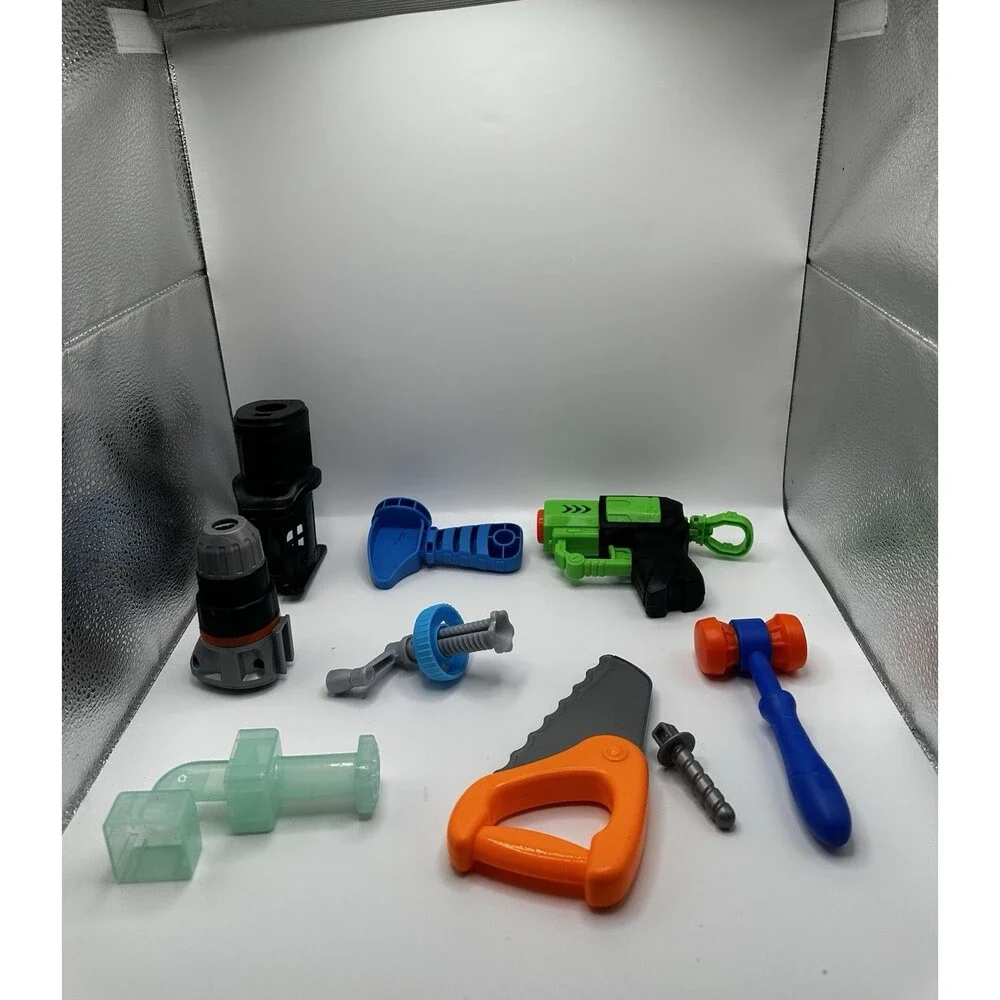 Mini Toy Tool Parts Lot – Drill, Saw, Mallet, Wrench, Screws & More, 15+ Pcs
